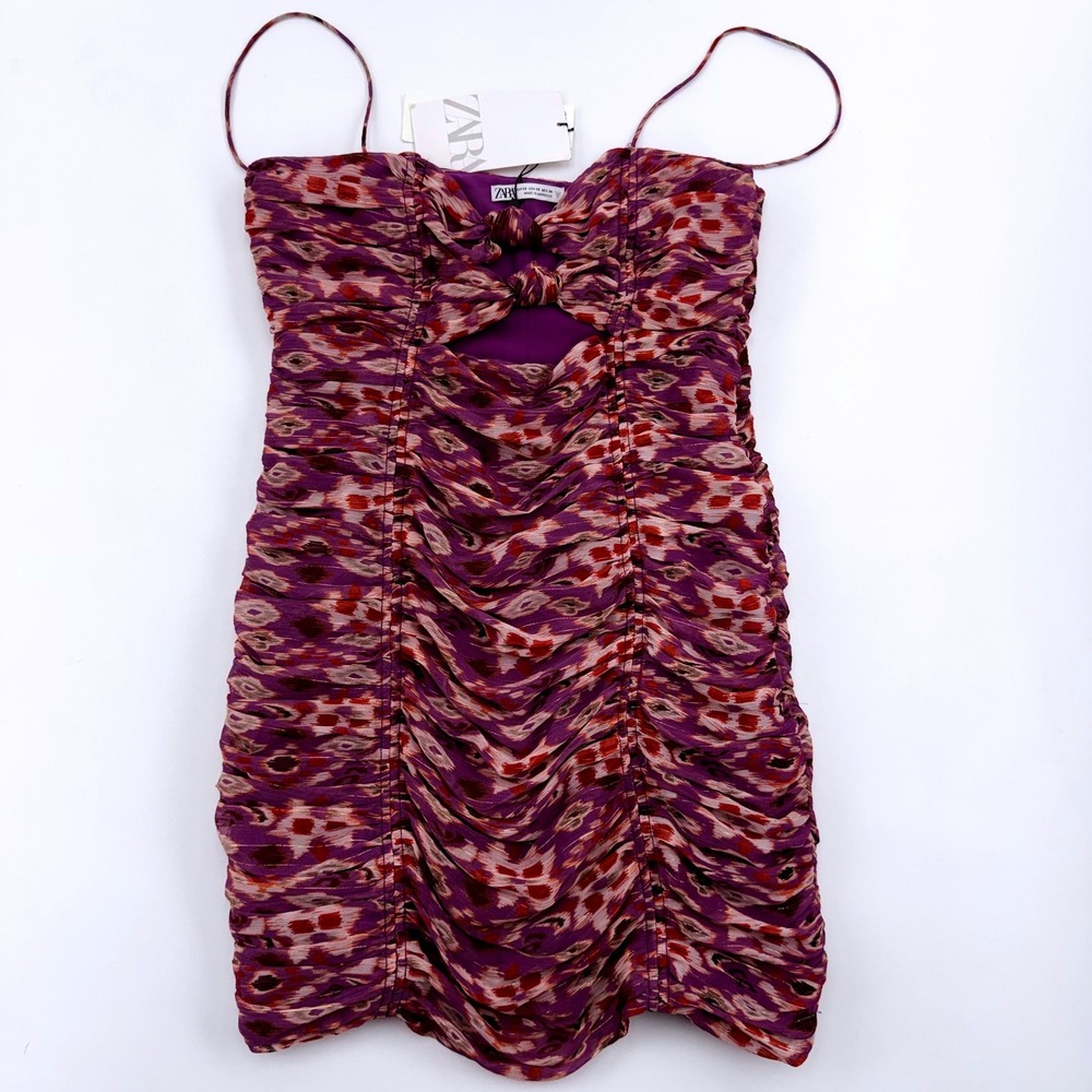 Zara Purple Ikat Ruched Mini Dress Metallic Gold Thread Cutout XS NWT